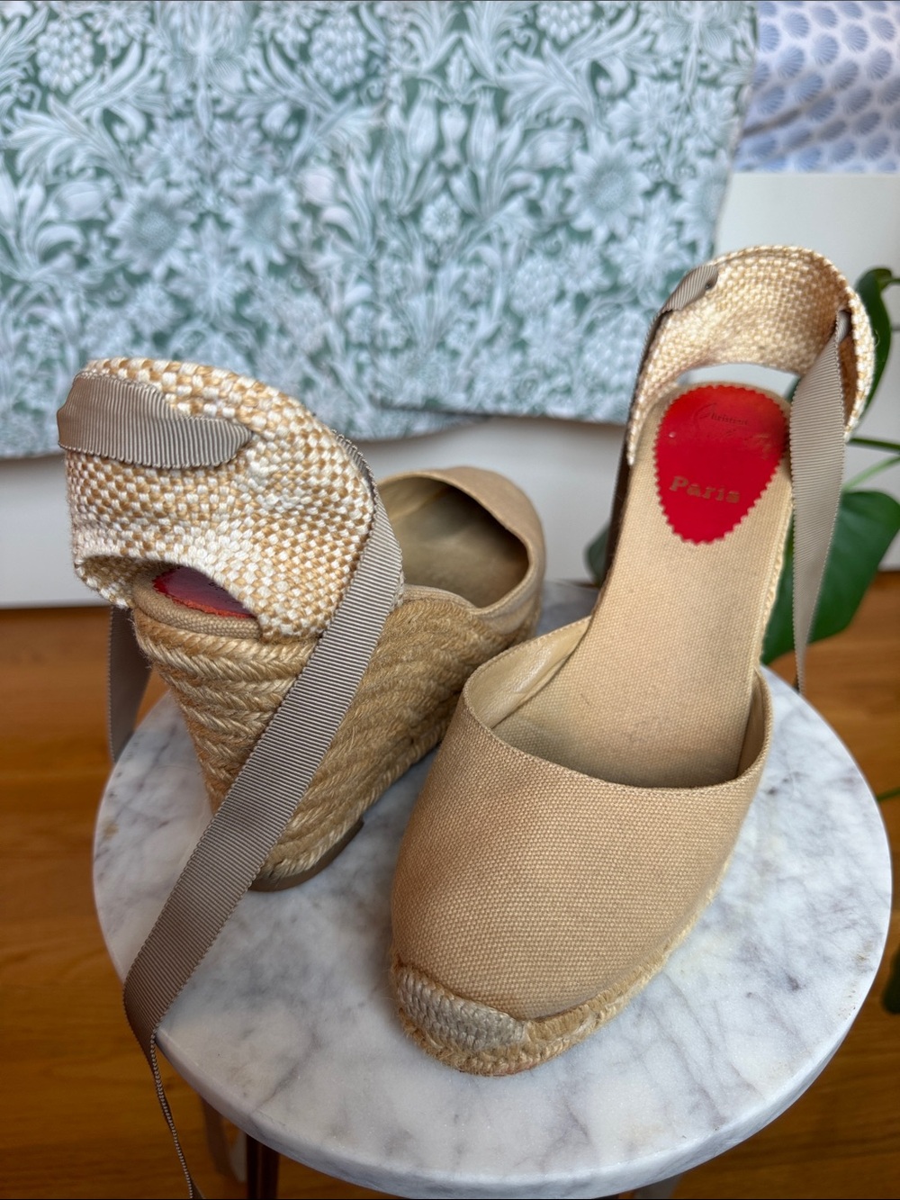 Christian Louboutin Natural Beige Canvas Espadrille Wedge Sandals